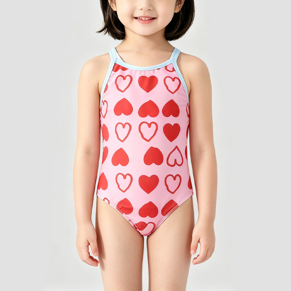 Girls' Pink Heart-Shaped Onesie Swimsuit