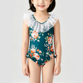 Dark Green Girls' Onesie Swimsuit