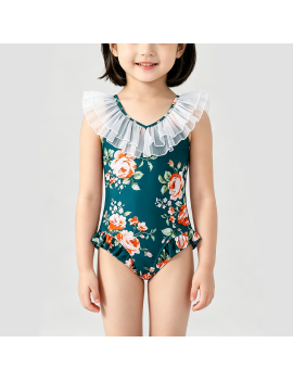Dark Green Girls' Onesie Swimsuit
