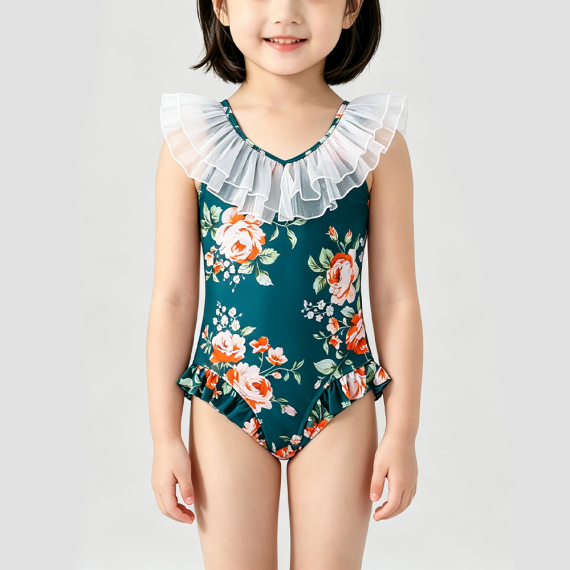 Dark Green Girls' Onesie Swimsuit