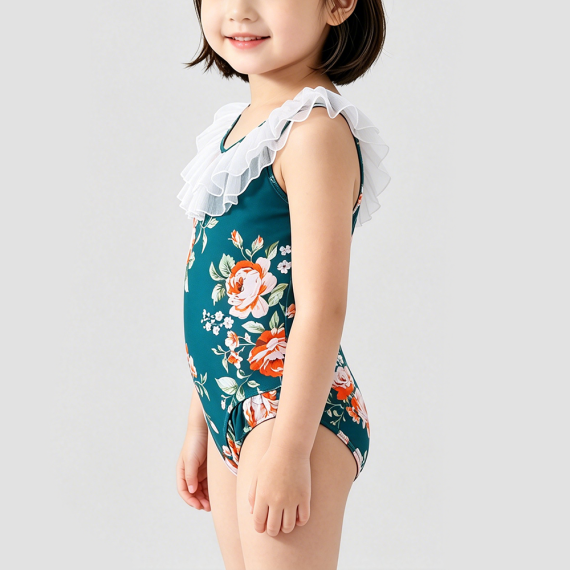 Dark Green Girls' Onesie Swimsuit