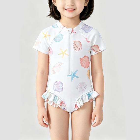 Colorful Seashell Print Girls' Swimsuit