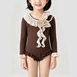 Girls' Brown Long-Sleeved Onesie Swimsuit