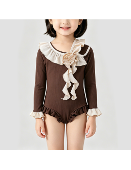 Girls' Brown Long-Sleeved Onesie Swimsuit