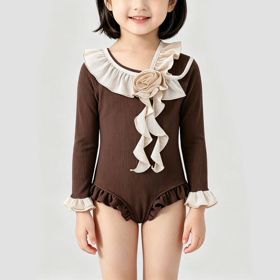 Girls' Brown Long-Sleeved Onesie Swimsuit