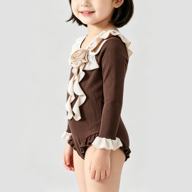 Girls' Brown Long-Sleeved Onesie Swimsuit