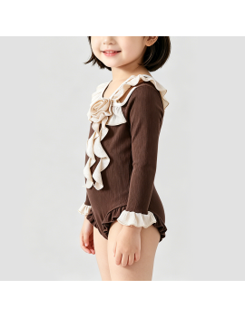 Girls' Brown Long-Sleeved Onesie Swimsuit