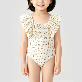 Beige Floral Print Girls' Swimsuit