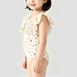Beige Floral Print Girls' Swimsuit