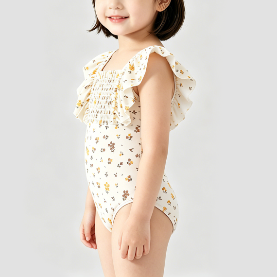 Beige Floral Print Girls' Swimsuit