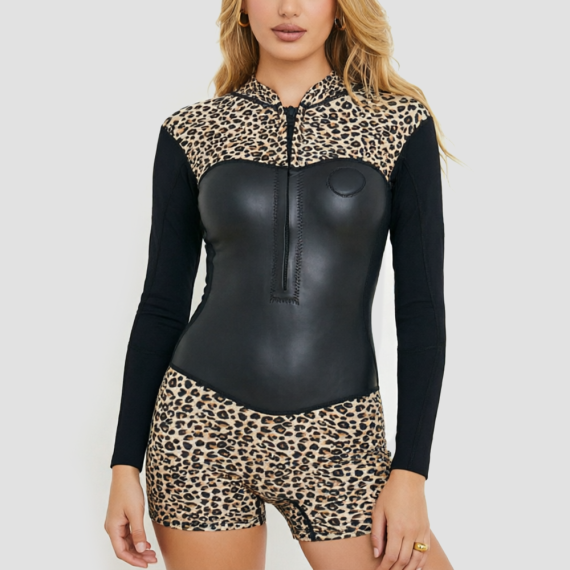 Leopard Print Long-Sleeve Surf Swimsuit