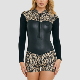 Leopard Print Long-Sleeve Surf Swimsuit