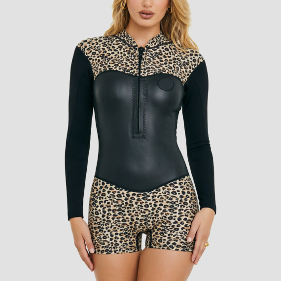 Leopard Print Long-Sleeve Surf Swimsuit