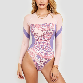 Retro Pattern Long-Sleeved One-Piece Swimsuit