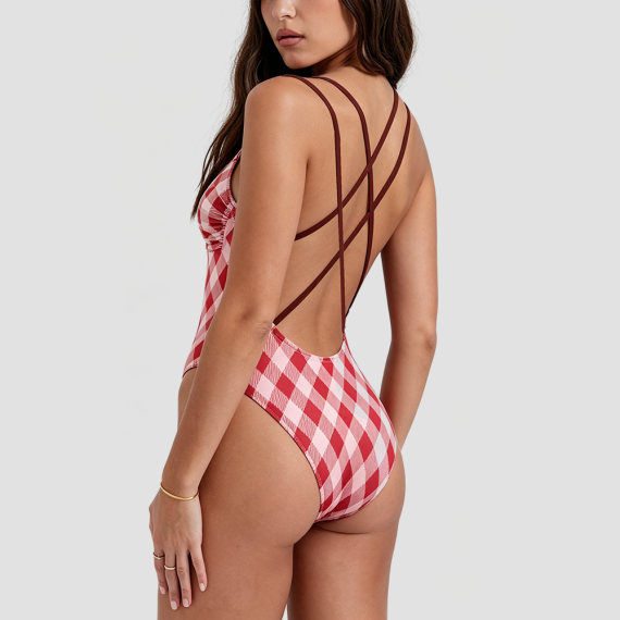 Red Checkered One-Piece Swimsuit