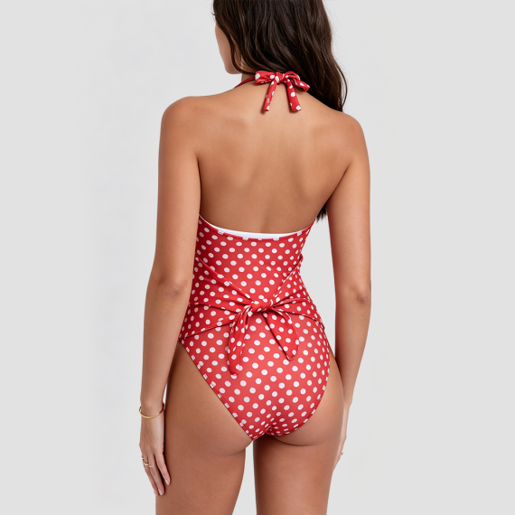 Red Polka Dot Halter-Neck One-Piece Swimsuit