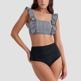 Cute Black and White Checkered Two-Piece Swimsuit