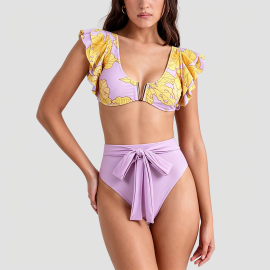 Pink Leaf Print Two-Piece Swimsuit