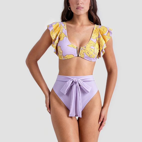 Pink Leaf Print Two-Piece Swimsuit