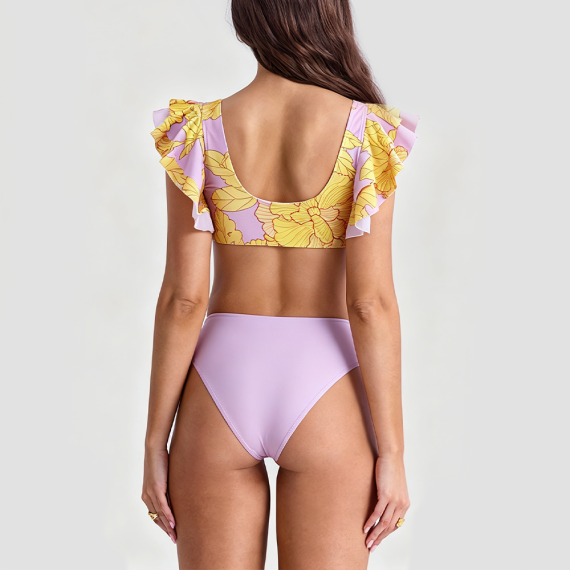Pink Leaf Print Two-Piece Swimsuit